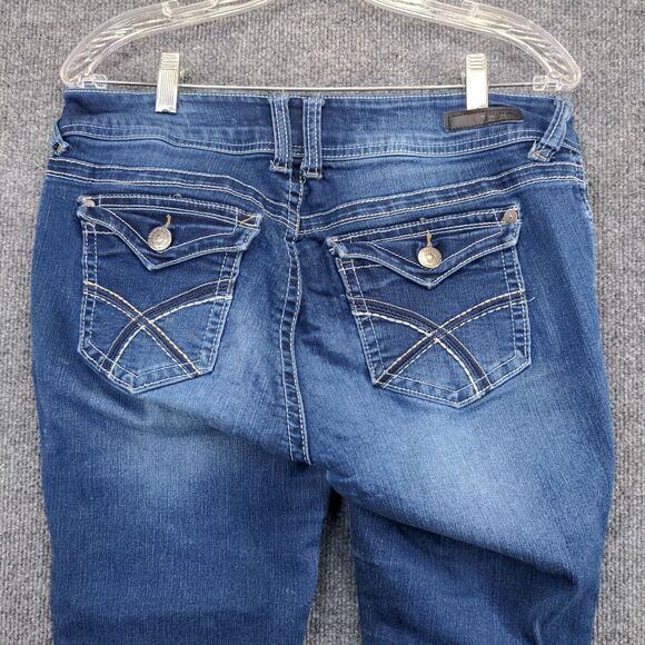 WallFlower Womens Cuffed Cropped Jeans Blue Size 11 Faded Whiskers 2-Button - Picture 10 of 16